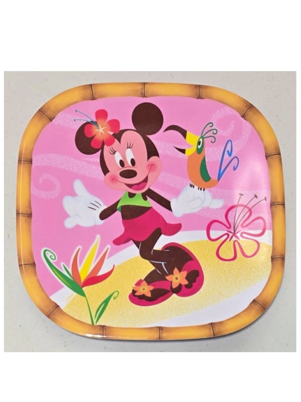 Disney Store Plate Mini Mouse Kids Plastic Vibrant Floral Beach Bird Square